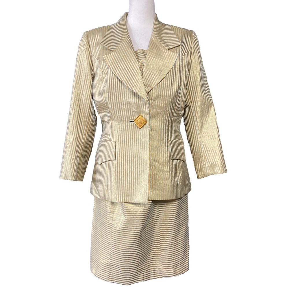 Tomasz Starzewski Skirt Suit Set Womens 10 Gold Jacquard Dress Jacket Formal UK